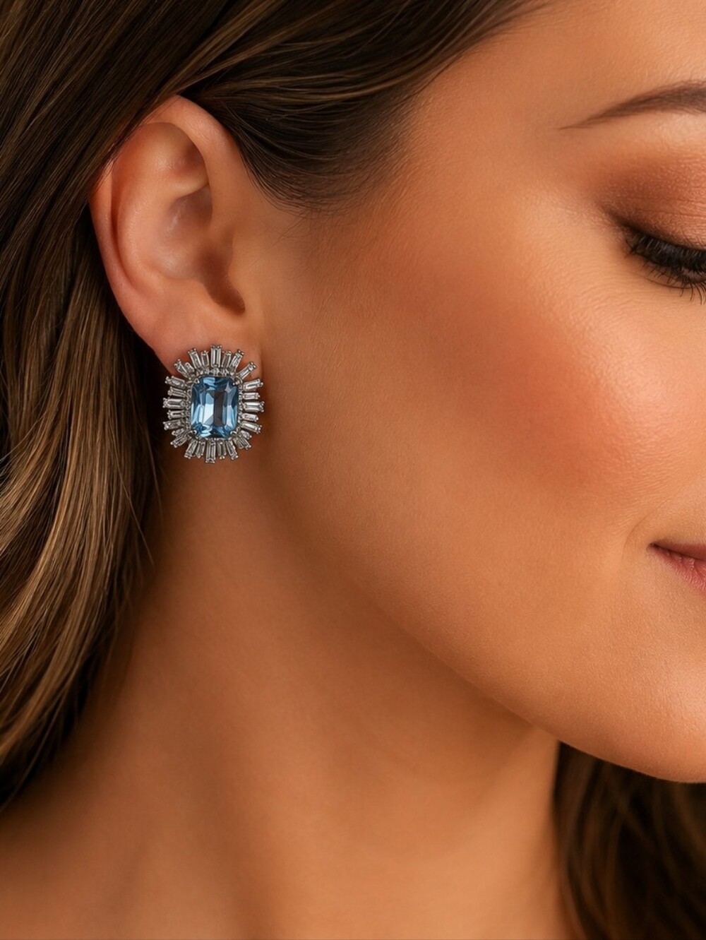 NWT Bomb Party Rustic Glam Aquamarine CZ Sunburst Stud Earrings